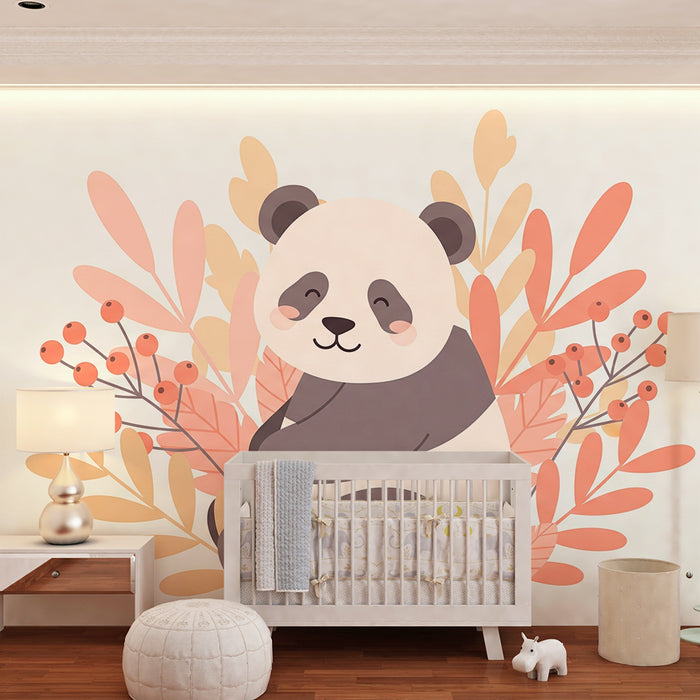Tapet barnerom | Søt panda omgitt av pastellblader