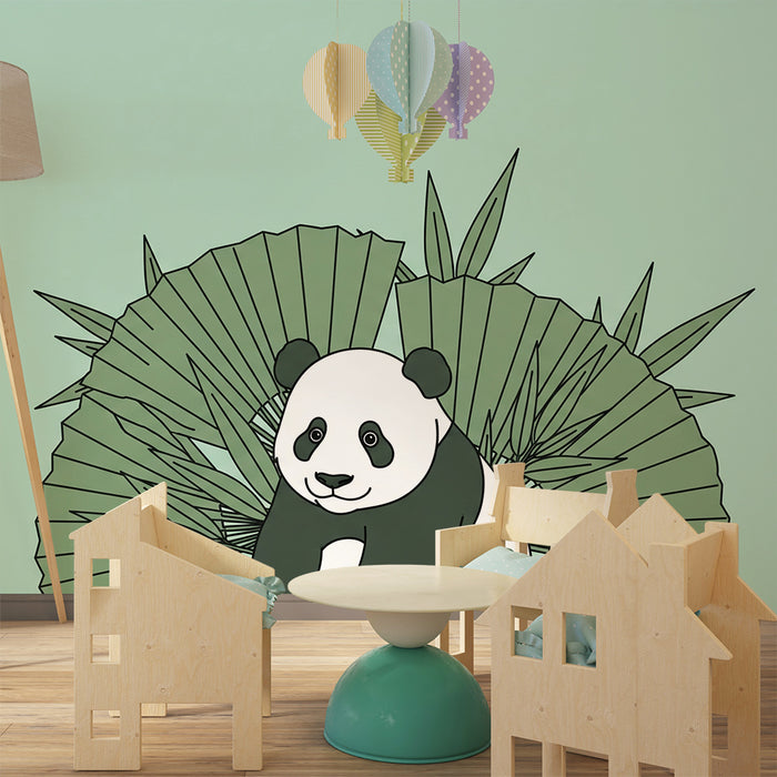 Babyzimmer-Tapete | Niedlicher Panda umgeben von tropischem Blattwerk