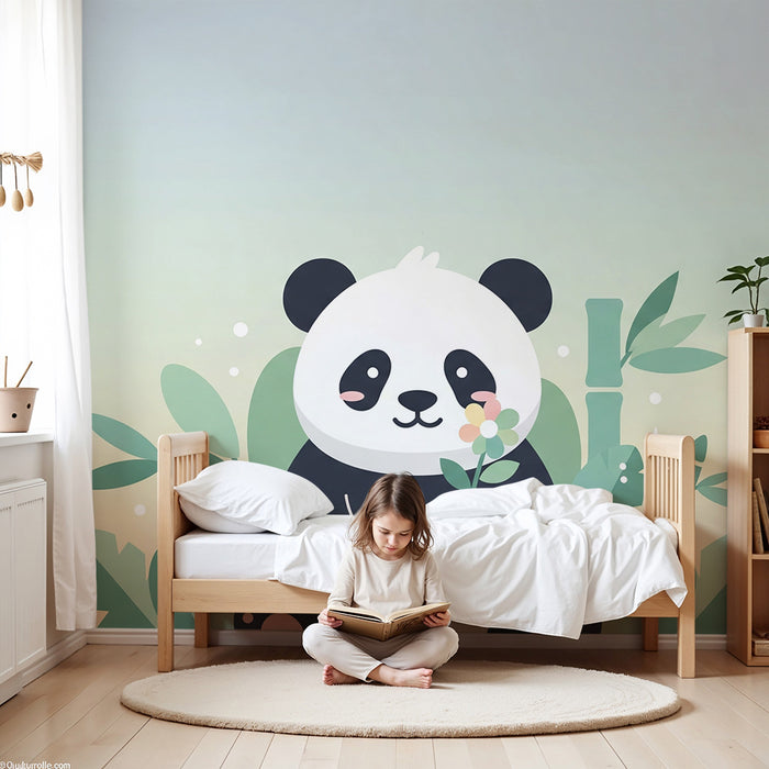Babykamer behang | Schattige panda omringd door tropisch bladgroen