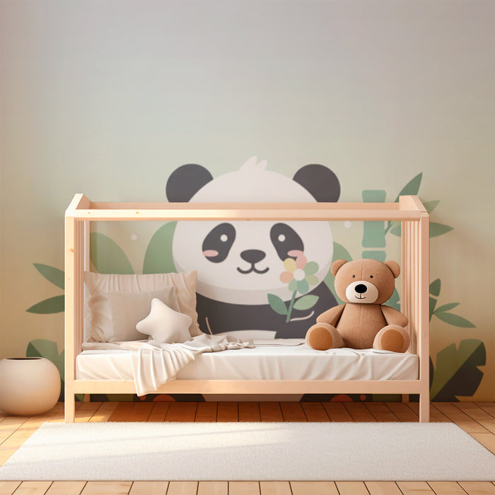 Babykamer behang | Schattige panda omringd door tropisch bladgroen
