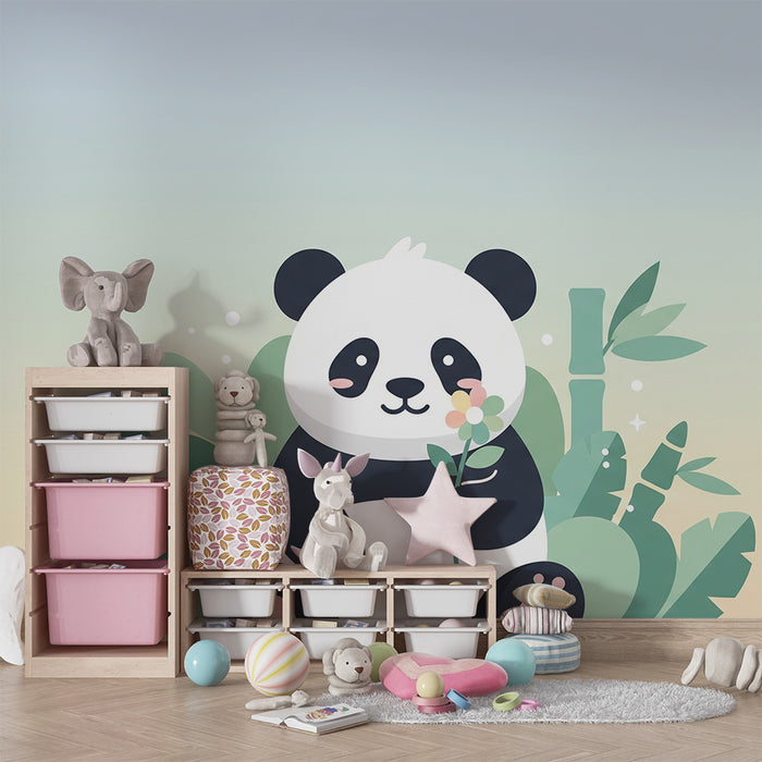 Babykamer behang | Schattige panda omringd door tropisch bladgroen