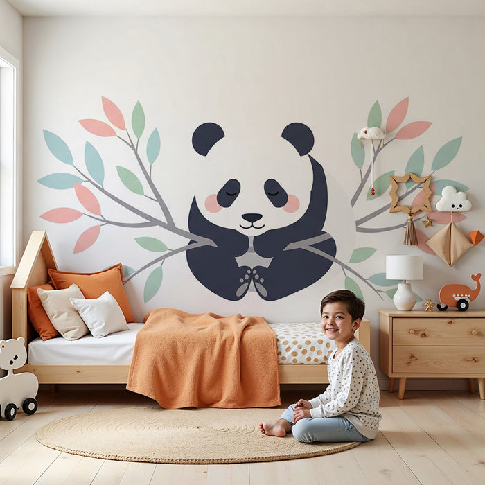 Papel de parede quarto bebê | Srčkan panda obkrožen s pastelnimi listi