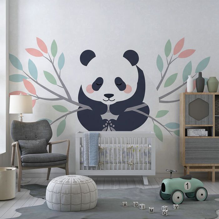 Papel de parede quarto bebê | Srčkan panda obkrožen s pastelnimi listi