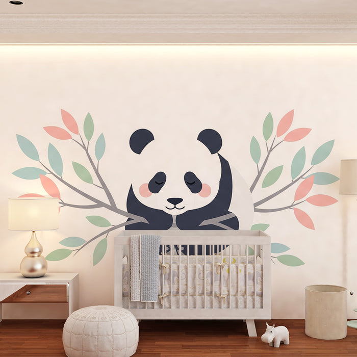 Papel de parede quarto bebê | Srčkan panda obkrožen s pastelnimi listi