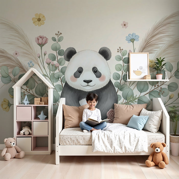 Babyzimmer Tapete | Niedlicher Panda umgeben von zarten Blumen