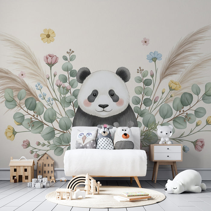 Babyzimmer Tapete | Niedlicher Panda umgeben von zarten Blumen