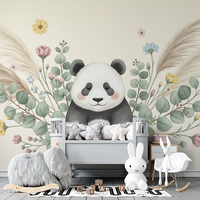 Babyzimmer Tapete | Niedlicher Panda umgeben von zarten Blumen
