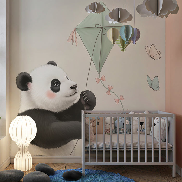 Papier peint chambre bébé | Panda mignon et cerf-volant