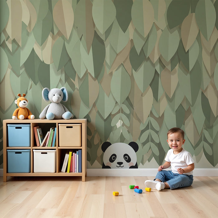 Lastenhuoneen tapetti | Söpö panda ja rauhoittava lehtikuvio