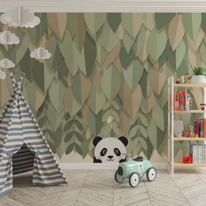 Lastenhuoneen tapetti | Söpö panda ja rauhoittava lehtikuvio