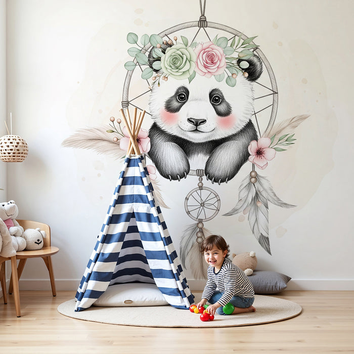 Papier peint chambre bébé | Panda mignon et fleurs délicates