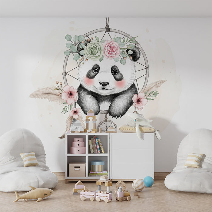 Papier peint chambre bébé | Panda mignon et fleurs délicates