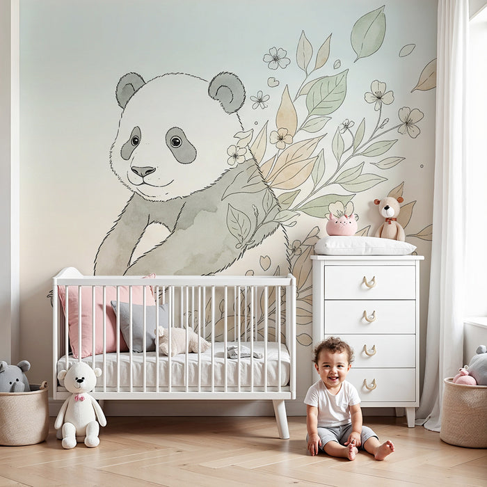 Papier peint chambre bébé | Panda mignon et fleurs délicates