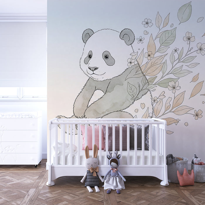 Papier peint chambre bébé | Panda mignon et fleurs délicates