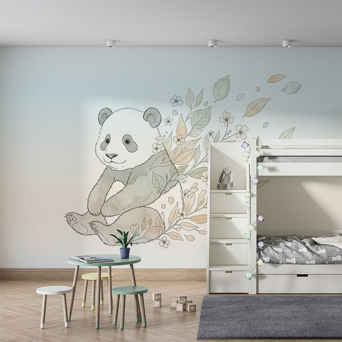 Papier peint chambre bébé | Panda mignon et fleurs délicates