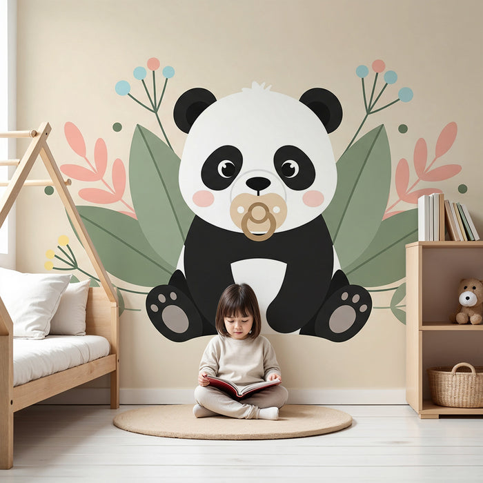 Papier peint chambre bébé | Panda mignon et fleurs pastel