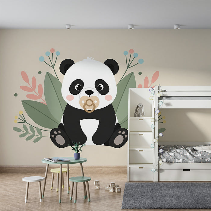 Papier peint chambre bébé | Panda mignon et fleurs pastel