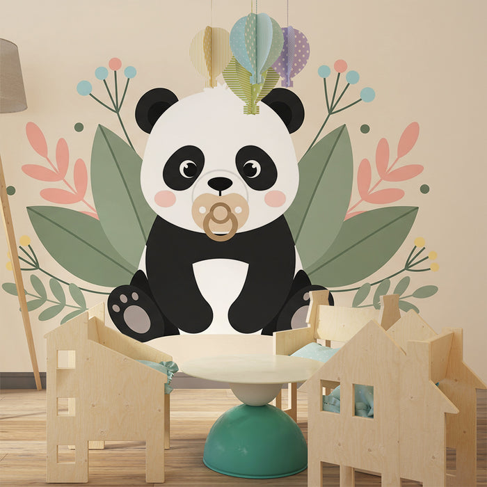 Papier peint chambre bébé | Panda mignon et fleurs pastel