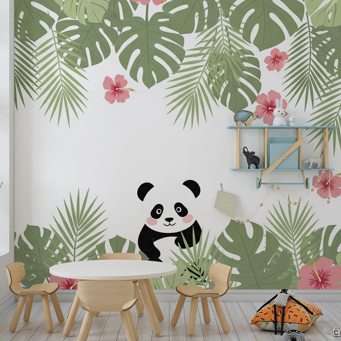 Lastenhuoneen tapetti | Söpö panda ja kukkiva viidakko