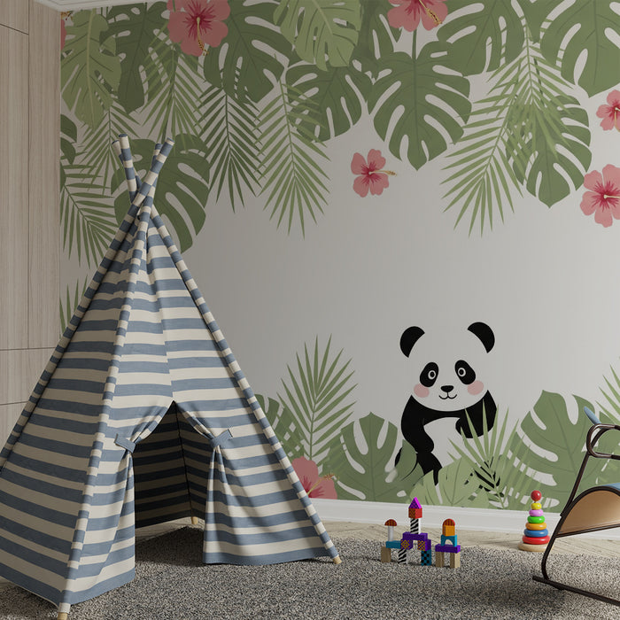 Lastenhuoneen tapetti | Söpö panda ja kukkiva viidakko
