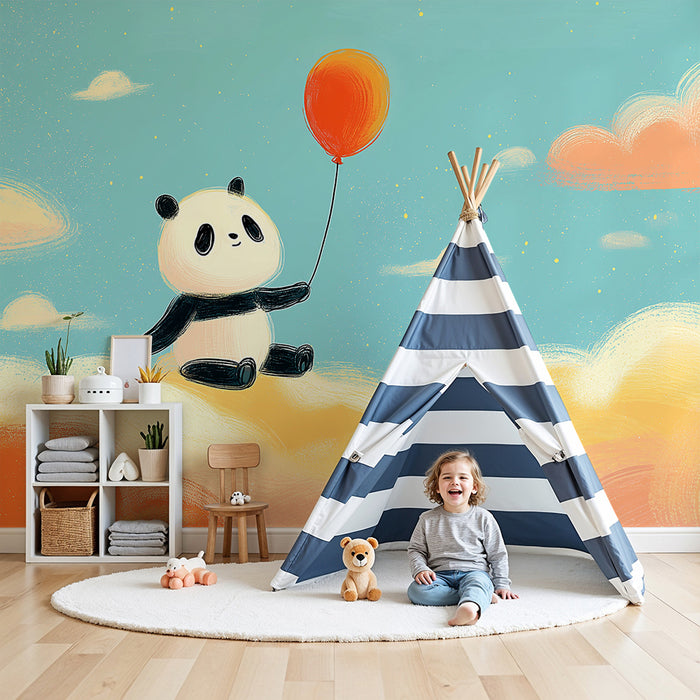 Papier de parede izba pre bábätko | Rozkošný panda plávajúci na farebných oblakoch