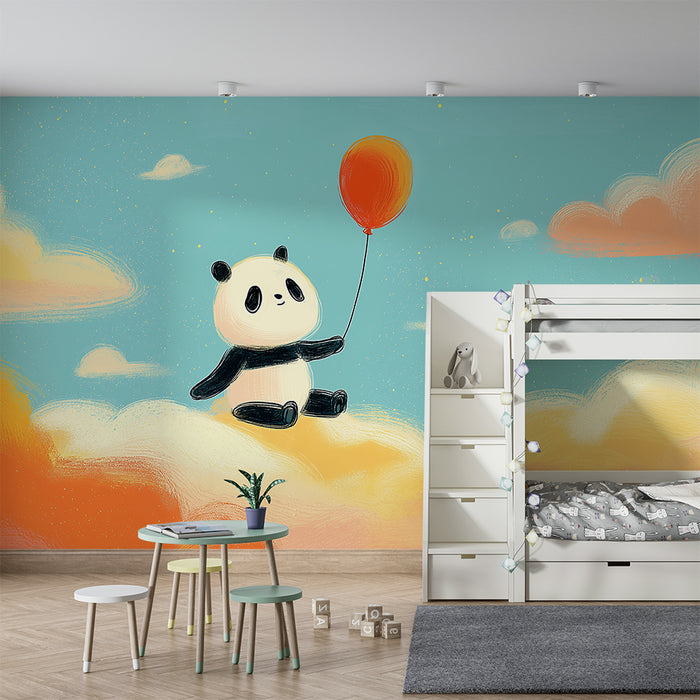 Papier de parede izba pre bábätko | Rozkošný panda plávajúci na farebných oblakoch