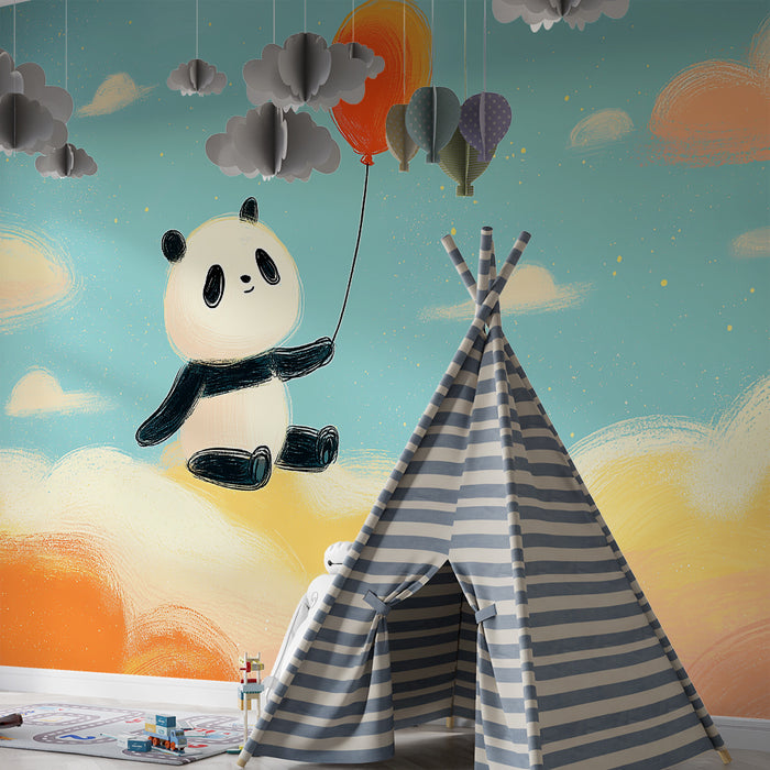 Papier de parede izba pre bábätko | Rozkošný panda plávajúci na farebných oblakoch