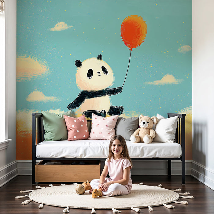 Babykamer behang | Schattige panda zwevend op kleurrijke wolken