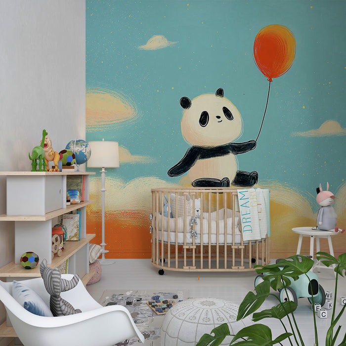 Babykamer behang | Schattige panda zwevend op kleurrijke wolken