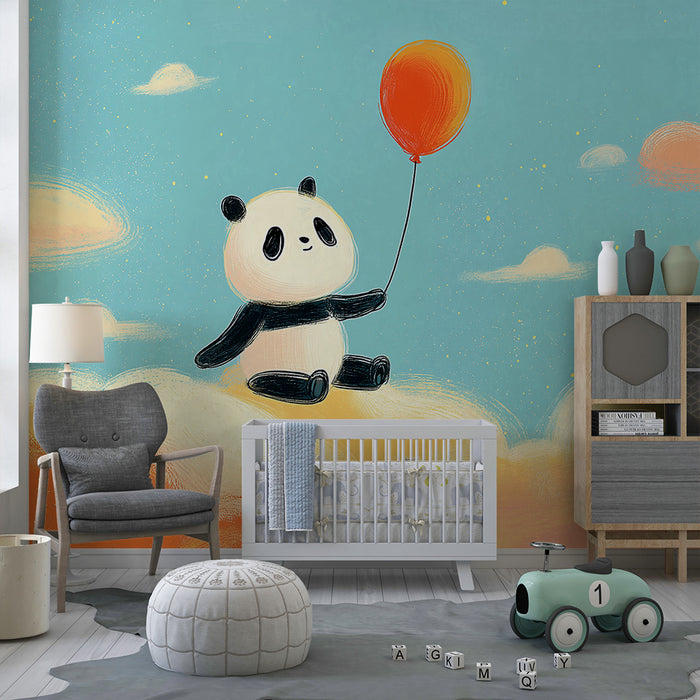 Babykamer behang | Schattige panda zwevend op kleurrijke wolken