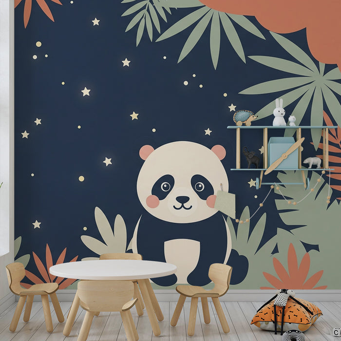 Babyzimmer Tapete | Niedlicher Panda unter den Sternen