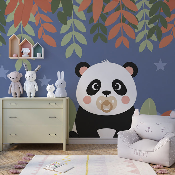 Papier peint chambre bébé | Panda mignon sous les feuilles