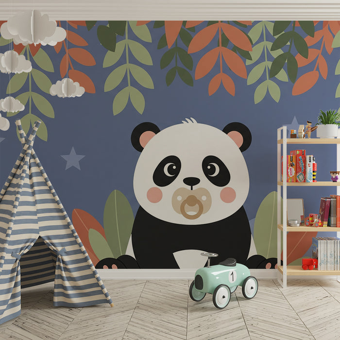 Papier peint chambre bébé | Panda mignon sous les feuilles