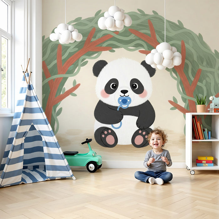 Papier peint chambre bébé | Panda mignon sous un abri naturel