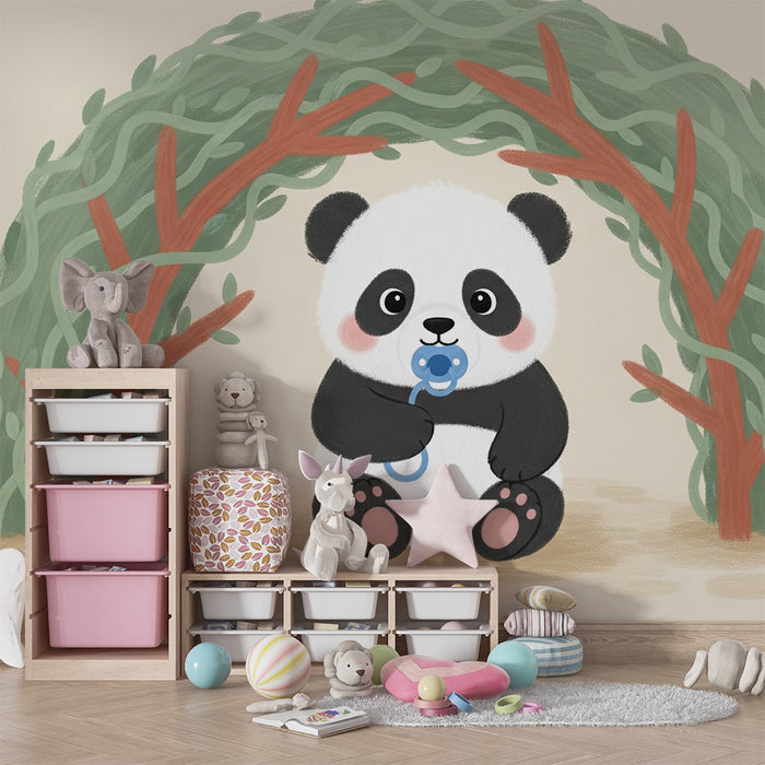 Papier peint chambre bébé | Panda mignon sous un abri naturel