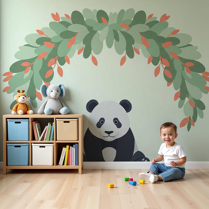 Papel de parede quarto bebê | Simpático panda sob um arco de folhagem colorida