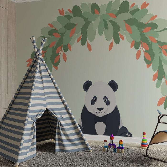 Papel de parede quarto bebê | Simpático panda sob um arco de folhagem colorida