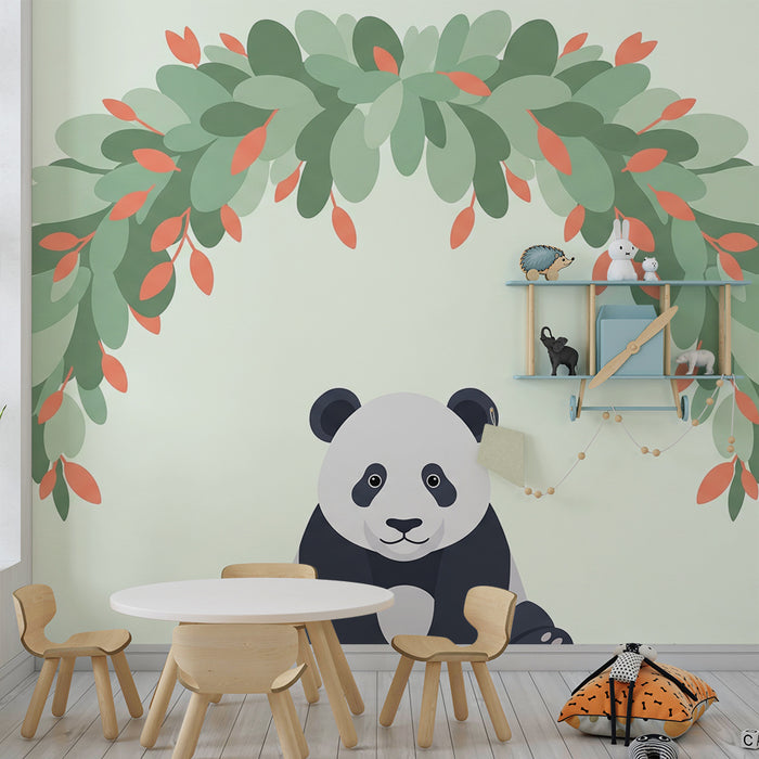 Papel de parede quarto bebê | Simpático panda sob um arco de folhagem colorida