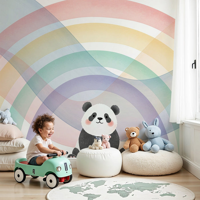 Babyzimmer Tapete | Niedlicher Panda unter einem pastellfarbenen Regenbogen