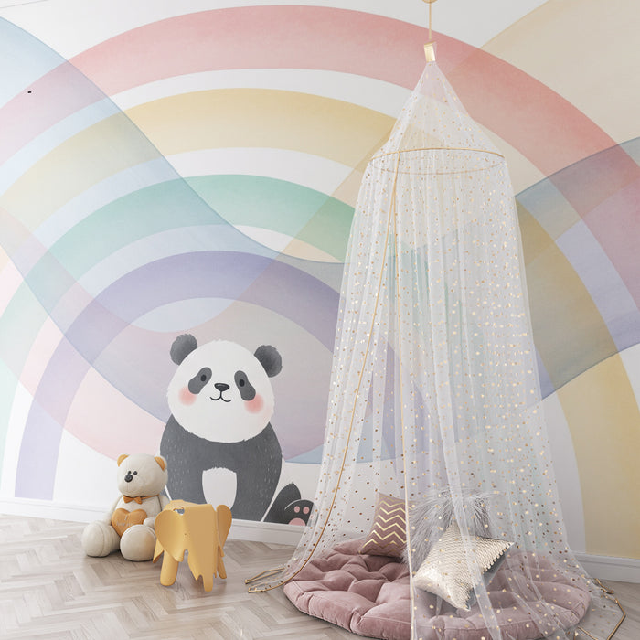 Babyzimmer Tapete | Niedlicher Panda unter einem pastellfarbenen Regenbogen