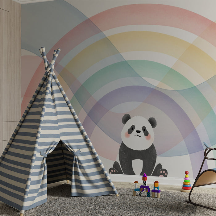Babyzimmer Tapete | Niedlicher Panda unter einem pastellfarbenen Regenbogen