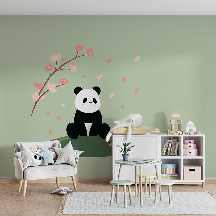 Børneværelse tapet | Sød panda under en blomstrende kirsebærtræ