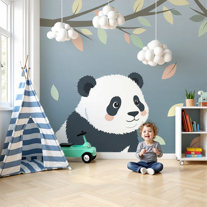 Babyzimmer Tapete | Niedlicher Panda unter einem beruhigenden Himmel mit bunten Blättern