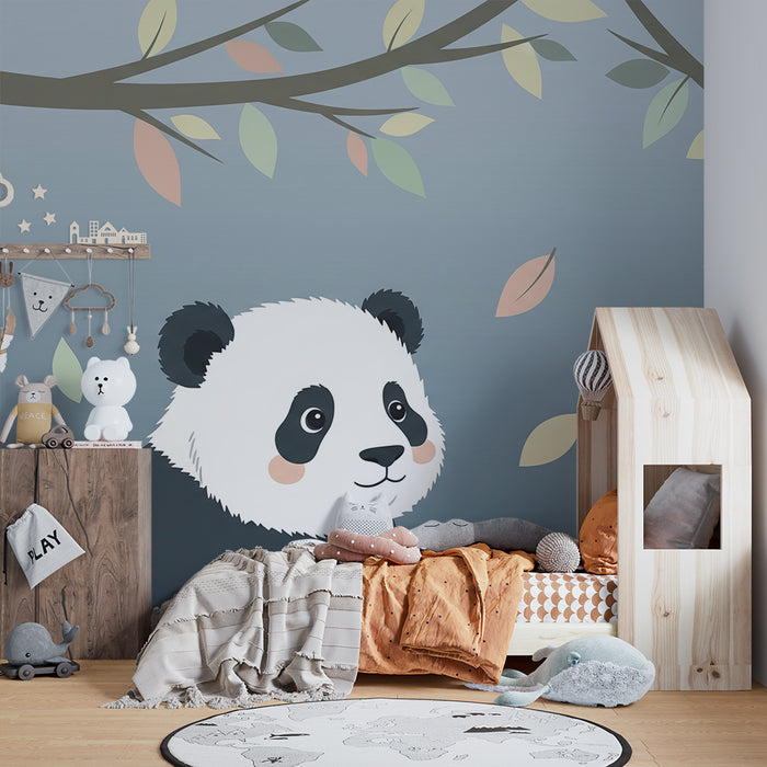 Babyzimmer Tapete | Niedlicher Panda unter einem beruhigenden Himmel mit bunten Blättern