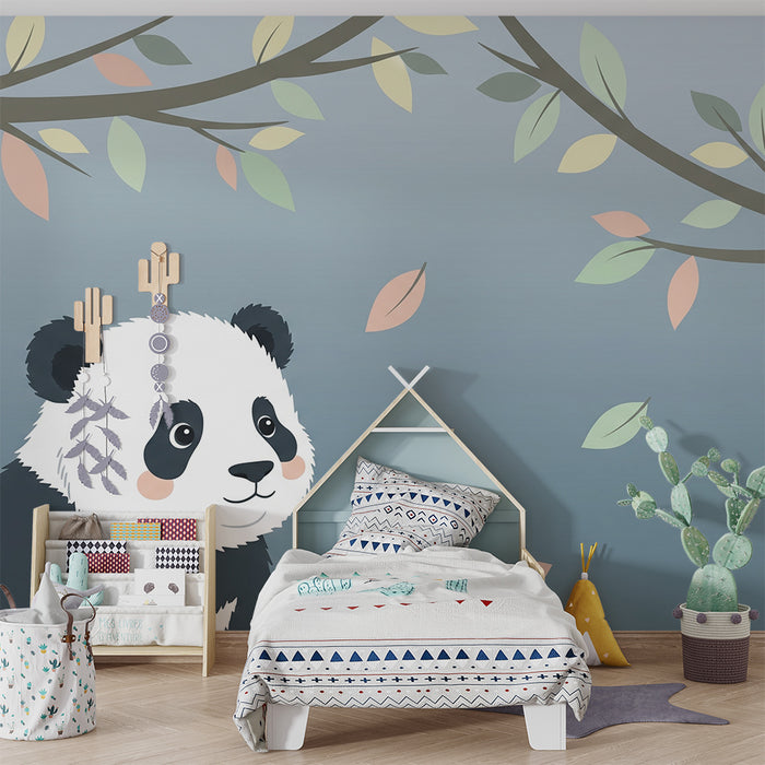 Babyzimmer Tapete | Niedlicher Panda unter einem beruhigenden Himmel mit bunten Blättern