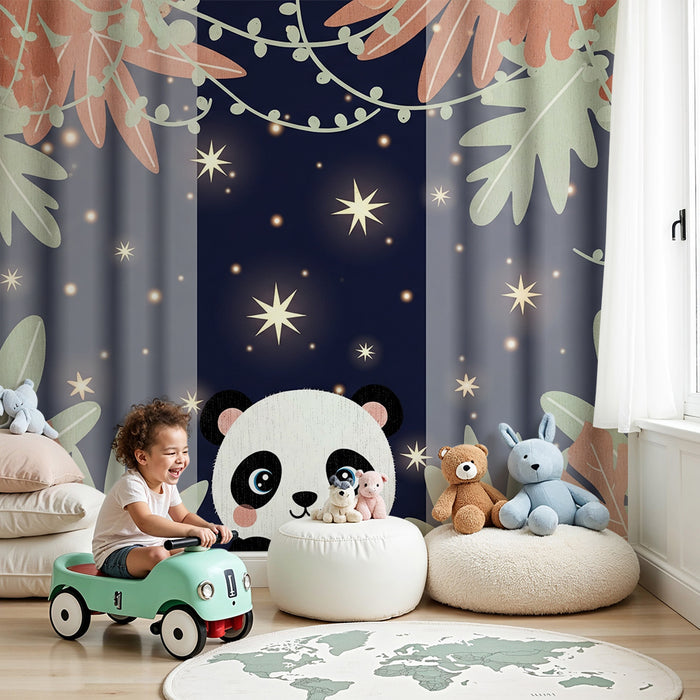 Babyzimmer Tapete | Niedlicher Panda unter einem Sternenhimmel
