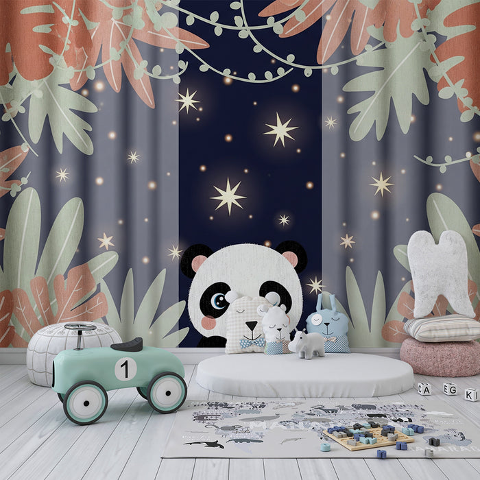 Babyzimmer Tapete | Niedlicher Panda unter einem Sternenhimmel