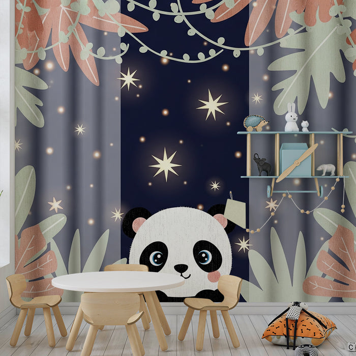 Babyzimmer Tapete | Niedlicher Panda unter einem Sternenhimmel