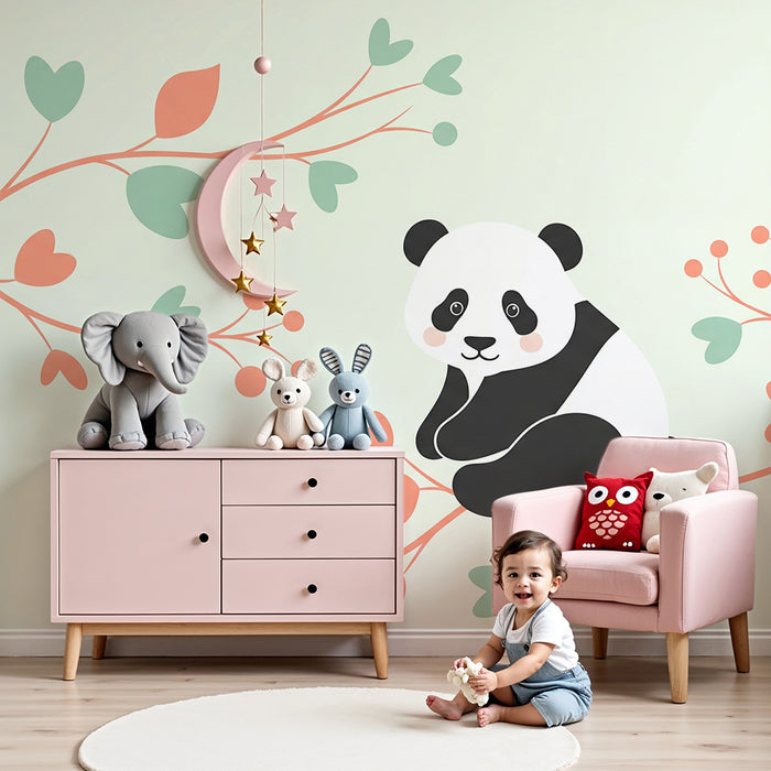 Tapet barnerom | Søt panda på blomstrende grener