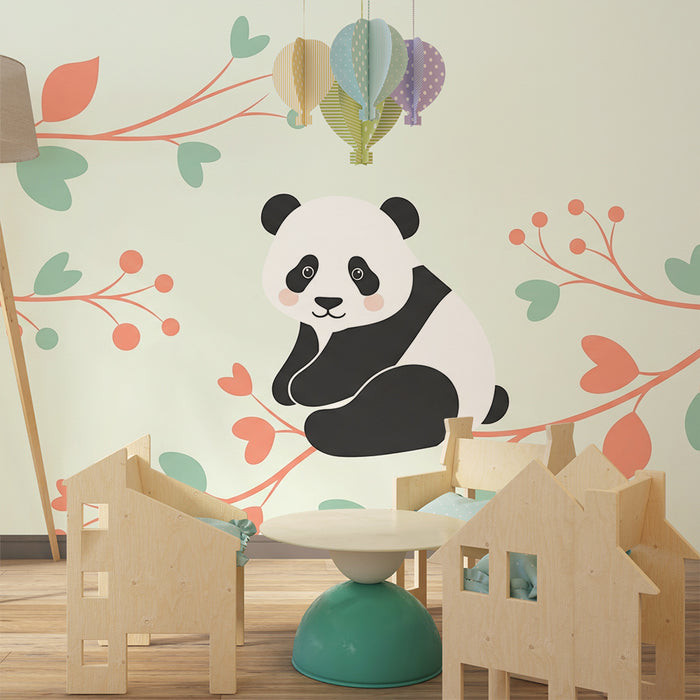 Tapet barnerom | Søt panda på blomstrende grener